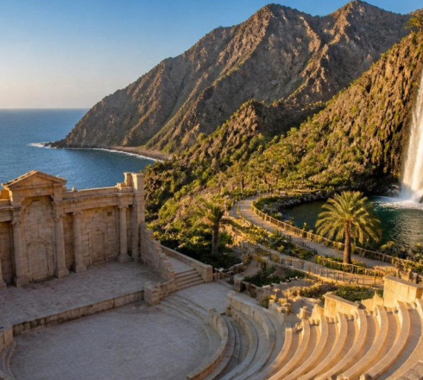 Khor Fakkan Amphitheatre and Waterfall - Combined Sightseeing Experience Khor Fakkan Amphitheatre overlooking the ocean with the waterfall nearby on a guided sightseeing tour