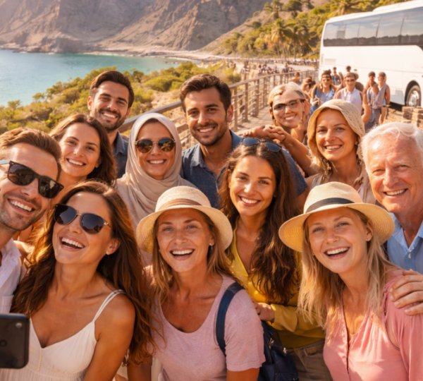 Khor Fakkan Group Tour - Scenic East Coast Group Travel Experience Large group enjoying scenic views and beach time on a Khor Fakkan group tour with ZuTours