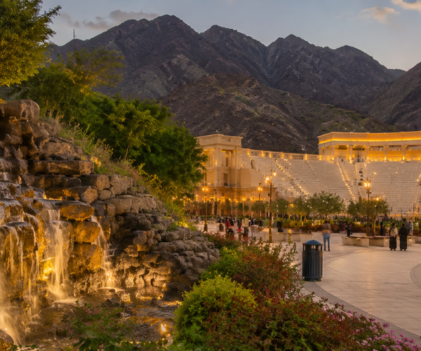 Khor Fakkan Waterfall & Amphitheatre - Must Visit Tourist Attraction Beautiful Khor Fakkan Waterfall cascading near the Roman-inspired Amphitheatre, a top tourist attraction on UAE east coast