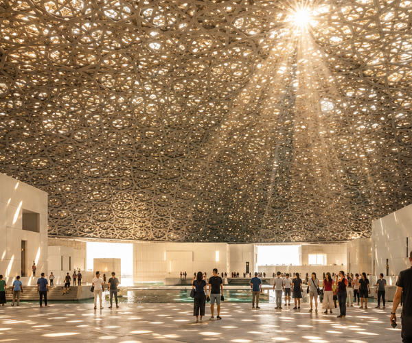 Louvre Abu Dhabi Rain of Light Effect - Private Tour Stunning Rain of Light effect inside Louvre Abu Dhabi dome on private tour from Dubai