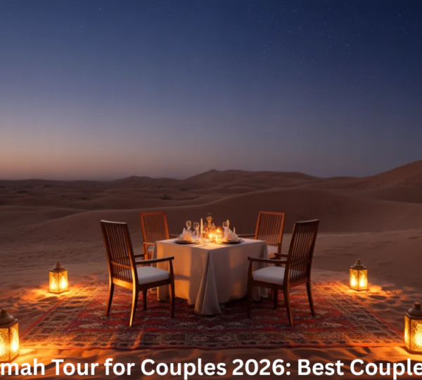 Ras Al Khaimah Romantic Tour for Couples - Private Desert Dinner & Mountain Views Romantic private dinner setup in Ras Al Khaimah desert under stars with candlelight for couples on a private tour