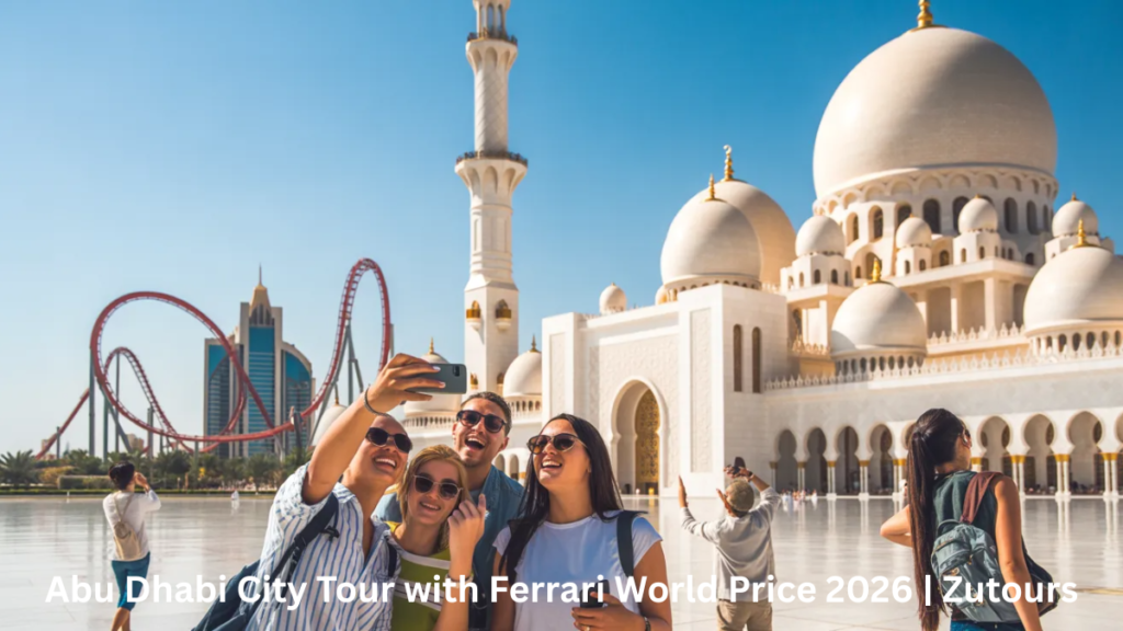 Tourists enjoying Abu Dhabi city tour and Ferrari World combo package