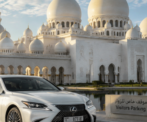Luxury private vehicle driving along Abu Dhabi Corniche with Emirates Palace and Etihad Towers skyline views