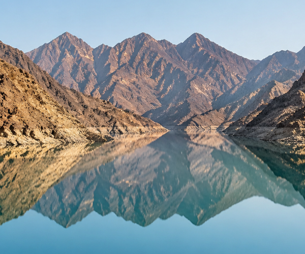 Al Rafisah Dam – Scenic Stop on Khor Fakkan Tour From Sharjah Al Rafisah Dam turquoise water surrounded by Hajar Mountains on Khor Fakkan tour from Sharjah
