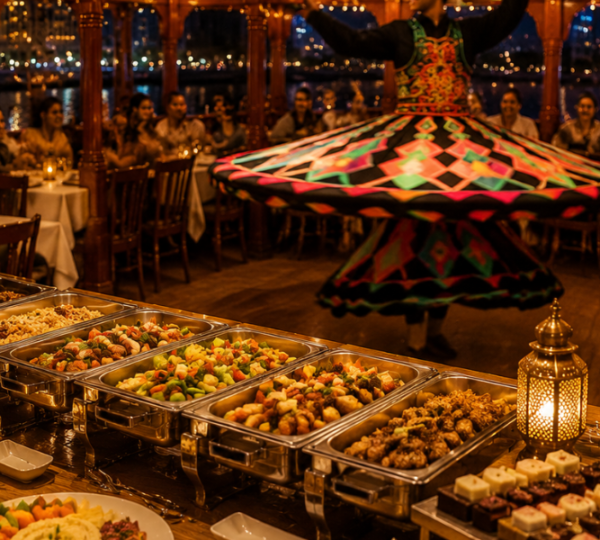 Al Seef Dhow Cruise Buffet Dinner and Tanoura Entertainment International buffet dinner spread and Tanoura dance performance on Al Seef dhow cruise Dubai Creek
