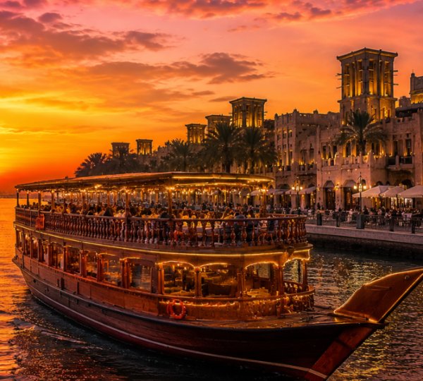 Al Seef Dhow Cruise Sunset Experience on Dubai Creek Traditional dhow cruise at sunset on Dubai Creek with Al Seef heritage buildings silhouetted against colorful sky