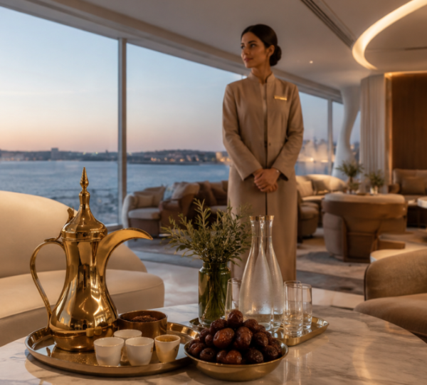 VIP guests relaxing in the Anko lounge at teamLab Phenomena Abu Dhabi with premium refreshments and waterfront views