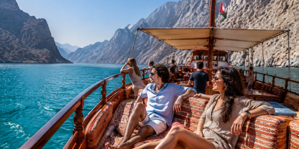 Travelers enjoying the best Musandam overnight dhow cruise