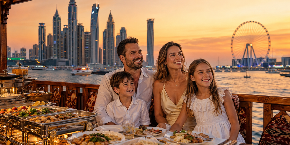 Dhow cruise Dubai with kids, enjoying a family-friendly dinner cruise in Dubai Marina