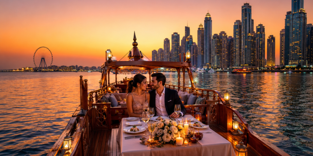 : Dhow cruise in Dubai for couples enjoying a romantic dinner in Dubai Marina