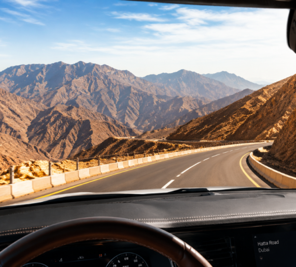 Scenic mountain drive from Dubai to Hatta with luxury private vehicle through dramatic Hajar Mountains