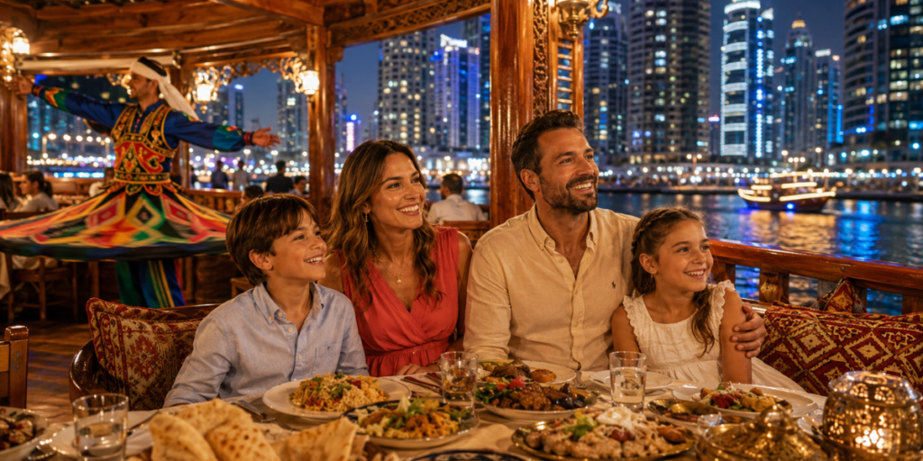 Family experience onboard a Dubai dhow cruise with dinner and entertainment