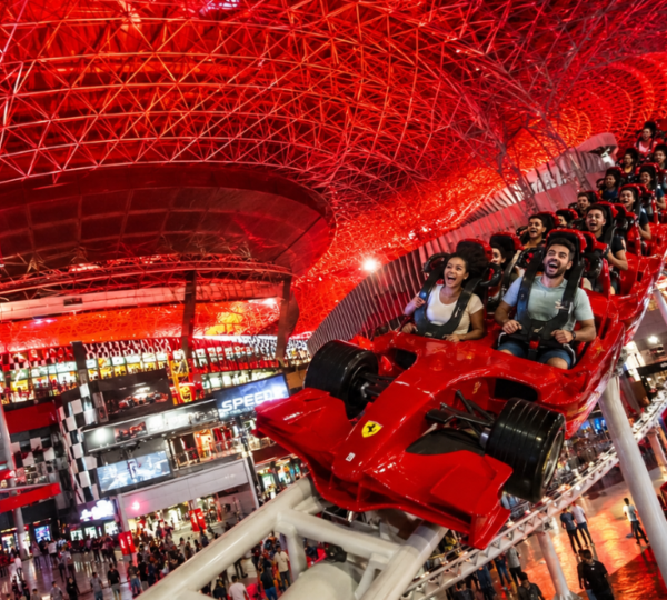 Ferrari World Abu Dhabi – Formula Rossa Roller Coaster and Thrill Rides Ferrari World Abu Dhabi Formula Rossa roller coaster thrill ride under the iconic red dome at Yas Island theme park