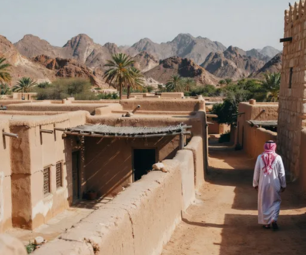 Traditional mud-brick homes and ancient watchtower at Hatta Heritage Village visited during Swan Lake Bridge tour