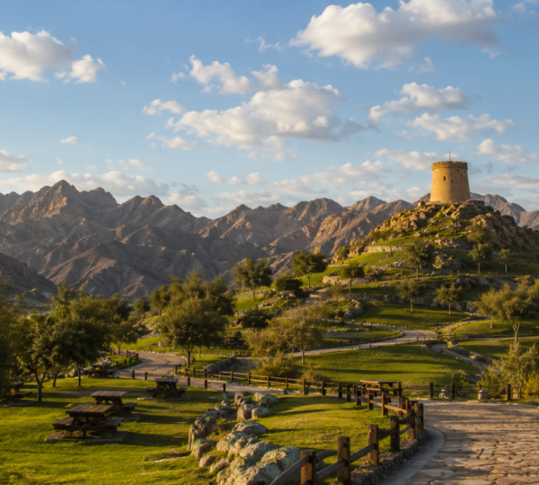 Hatta Hill Park tour from Dubai featuring green terraced hillside, ancient stone watchtower, and dramatic rugged Hajar Mountains