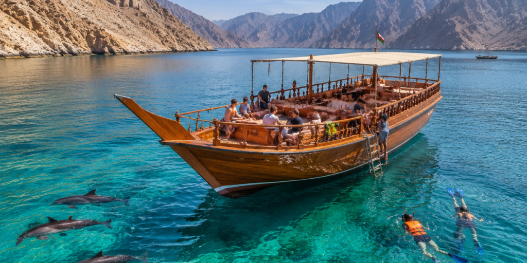 Khasab Musandam dhow cruise sailing through the beautiful Musandam Fjords in Oman