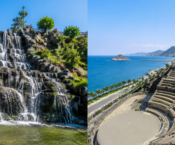 Khor Fakkan Waterfall & Amphitheatre โ Sightseeing Stops Khor Fakkan Waterfall cascading near Roman-inspired Amphitheatre with mountain backdrop