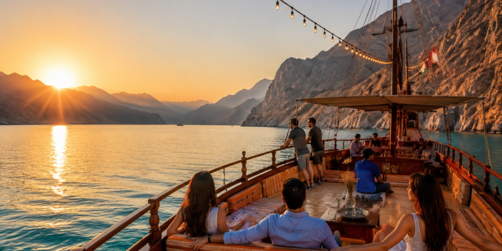 Musandam overnight dhow cruise from Dubai sailing through Khasab fjords at sunset