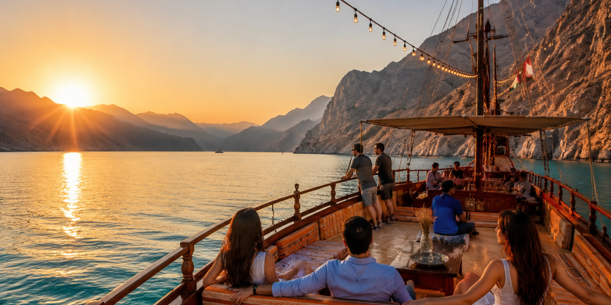 Musandam overnight dhow cruise from Dubai sailing through Khasab fjords at sunset