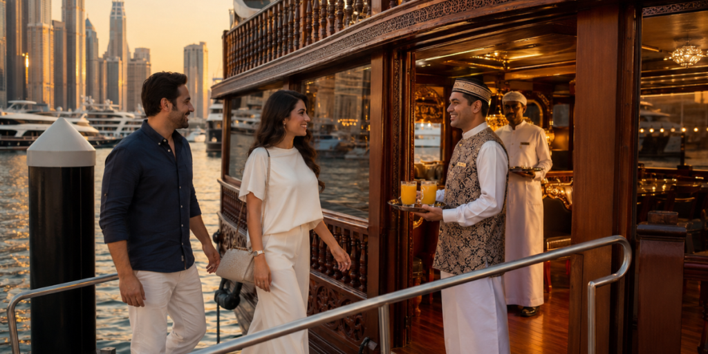 Couple boarding a romantic dhow cruise in Dubai.