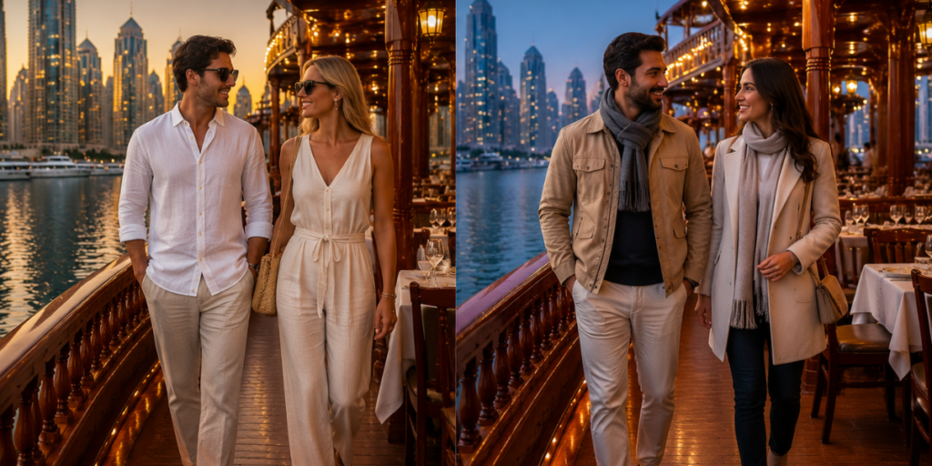 Summer and winter outfit guide for Dubai dhow cruise