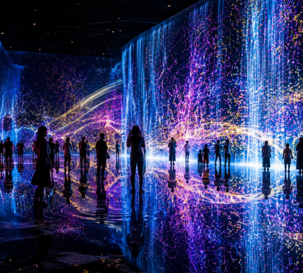 teamLab Phenomena Abu Dhabi immersive digital art installation – Interactive Light Experience Visitors exploring teamLab Phenomena Abu Dhabi immersive digital art installation with cascading light particles and water reflections at Saadiyat Cultural District