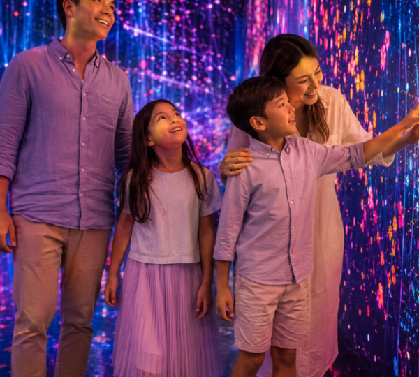 teamLab Phenomena Abu Dhabi family-friendly interactive light installation experience Family exploring teamLab Phenomena Abu Dhabi interactive light tunnel with digital flowers responding to their movement