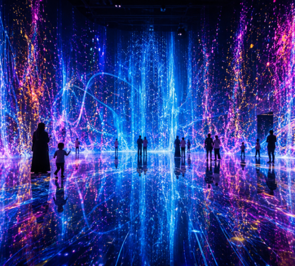 teamLab Phenomena Abu Dhabi immersive digital art installation with light and water reflections Visitors immersed in teamLab Phenomena Abu Dhabi digital art installation with cascading light particles and water reflections at Saadiyat Cultural District