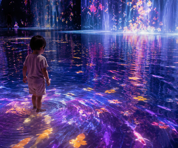 Water-Based Art Installation โ teamLab Phenomena Abu Dhabi Children playing in shallow water-based digital art installation at teamLab Phenomena Abu Dhabi