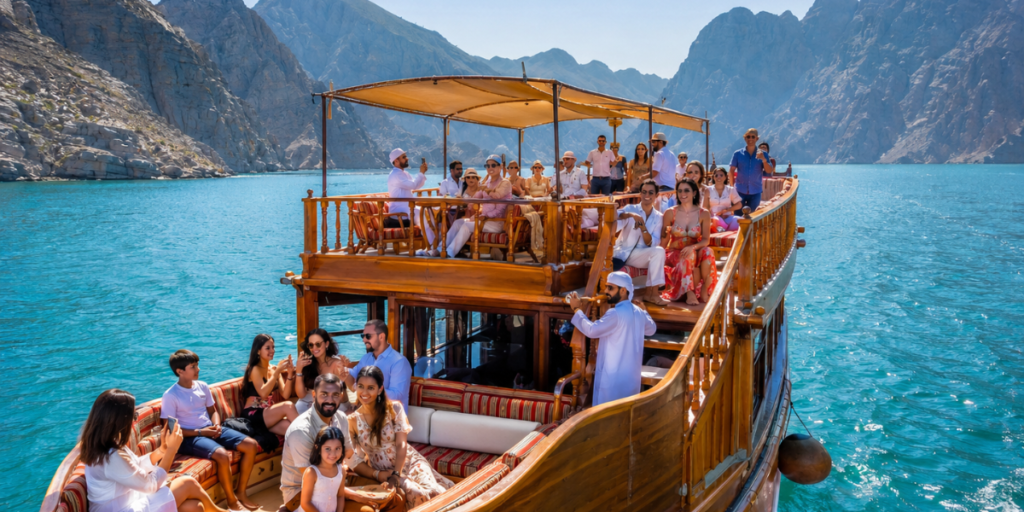 Different types of travelers are enjoying the Musandam dhow cruise experience.