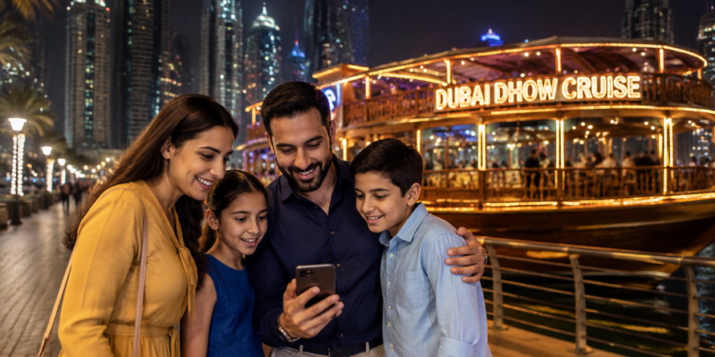 Family enjoying a dhow cruise in Dubai with kids