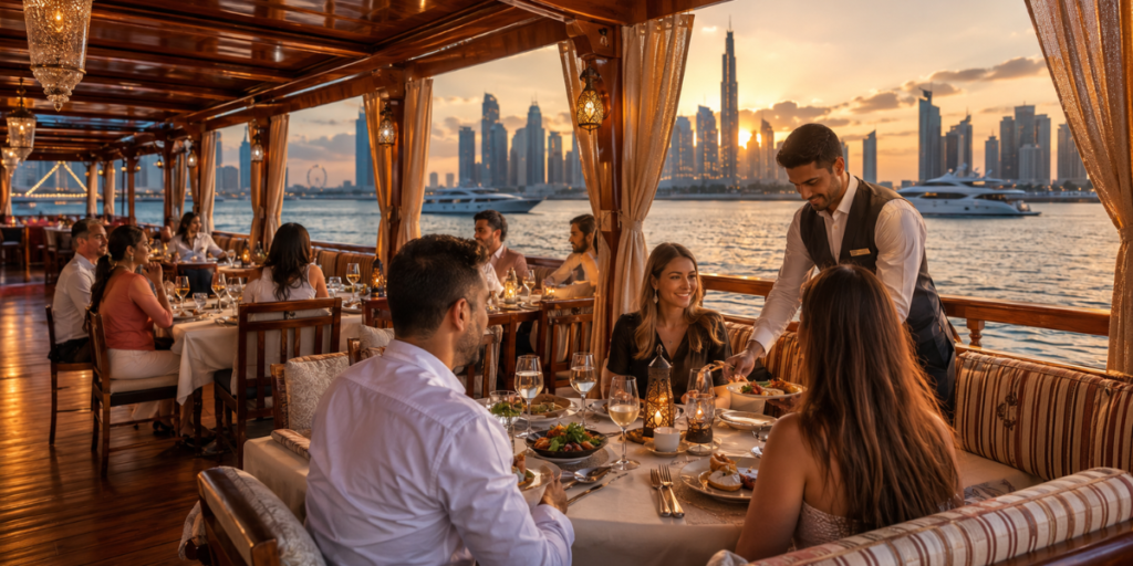 Guests enjoying a luxury dhow cruise experience in Dubai