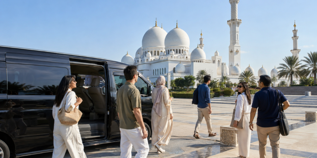 Grand Mosque and Louvre Tour Abu Dhabi overview with visitors arriving at Sheikh Zayed Grand Mosque