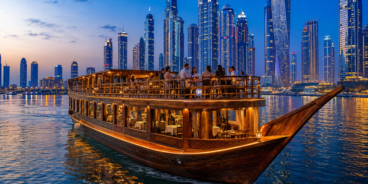 Luxury dhow cruise in Dubai with premium dining and Dubai skyline views