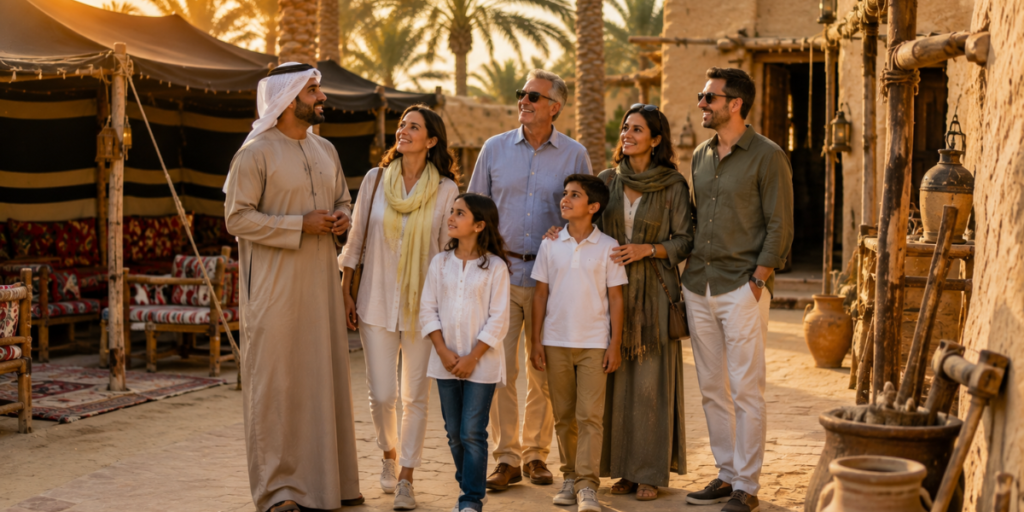 Family and couples enjoying an Abu Dhabi Heritage Village Private Tour