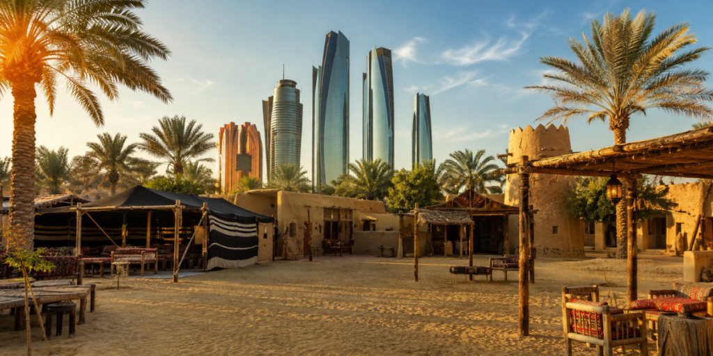 A photorealistic view of Heritage Village Abu Dhabi showcasing traditional Emirati architecture and cultural heritage, representing the experience of a Abu Dhabi Heritage Village Private Tour with Zutours.