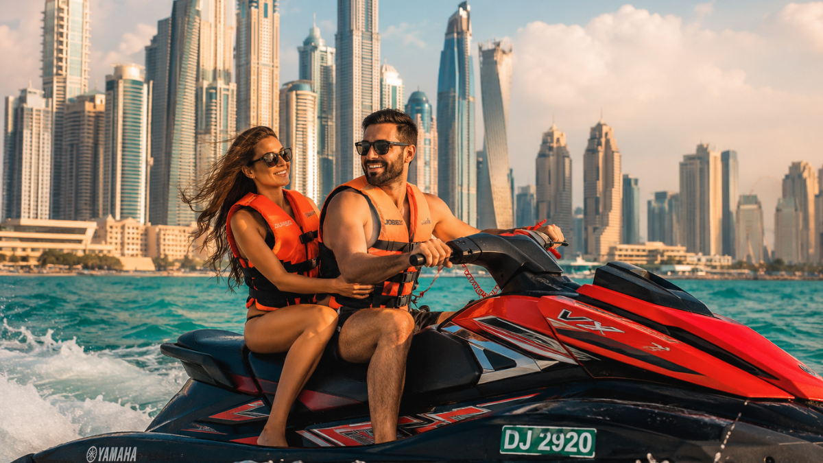 Jet Ski Dubai for Couples – Share the Adventure | Zutours Happy couple sharing a red jet ski ride together along Dubai Marina with modern skyscrapers in the background