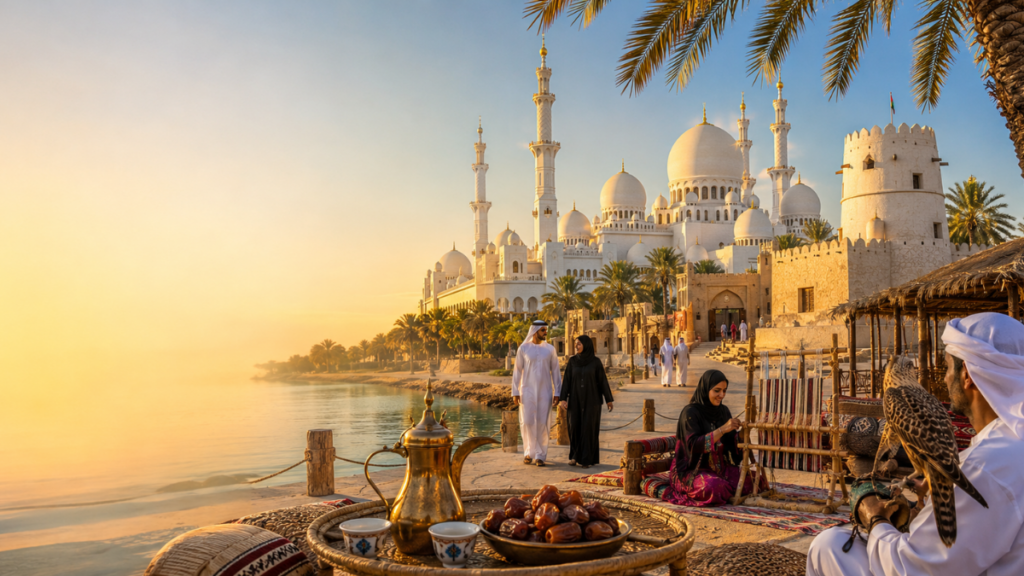 Cultural things to do in Abu Dhabi featuring Sheikh Zayed Grand Mosque, Qasr Al Hosn, Heritage Village and authentic Emirati experiences