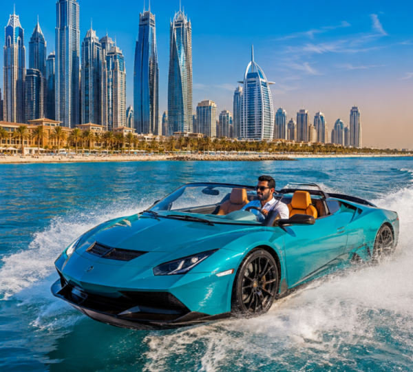 Dubai Jet Car Action on the Waterfront with City Skyline Jet Car driving on water along Dubai coastline with city skyline in the background