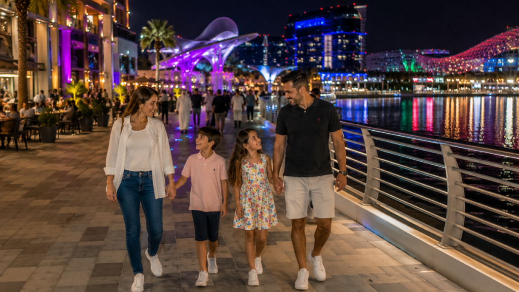Family enjoying Abu Dhabi at night