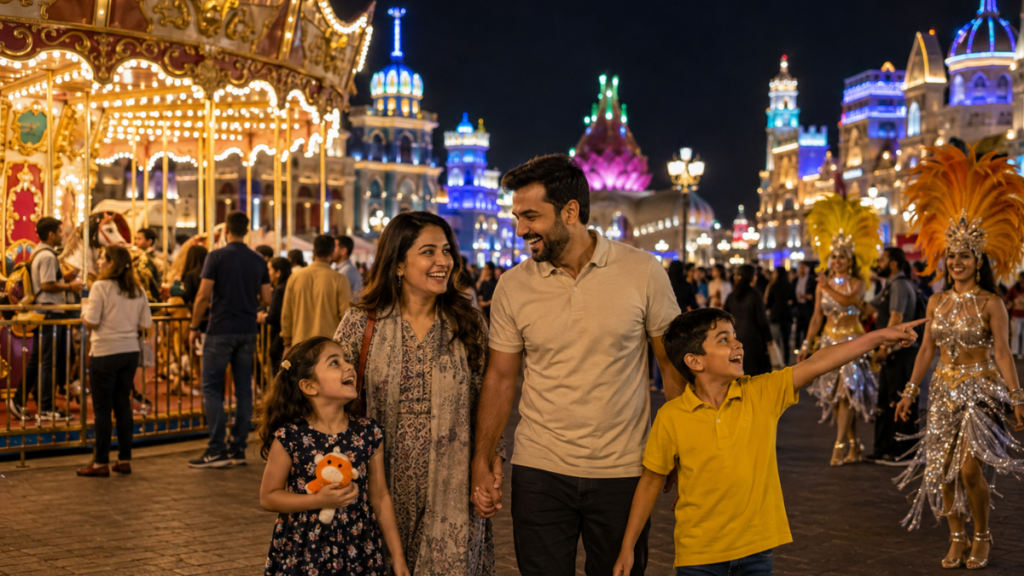 Families exploring exciting attractions, rides, and entertainment suitable for children.