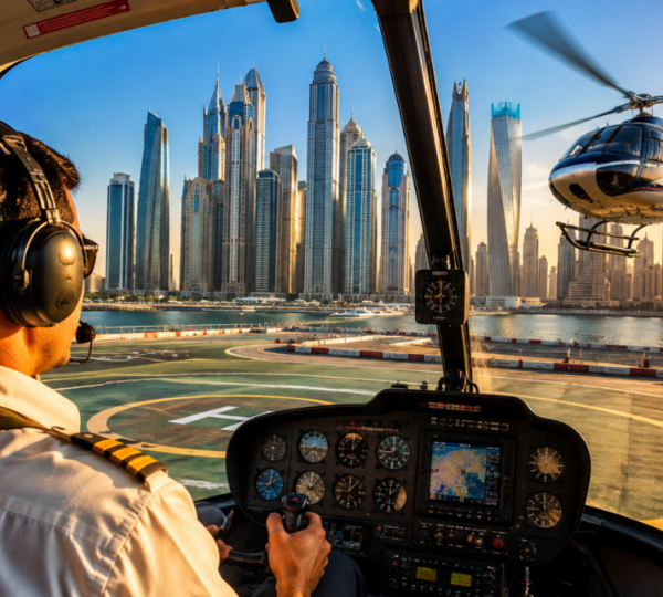 Helicopter takeoff with Dubai skyline visible through window and pilot preparing for flight