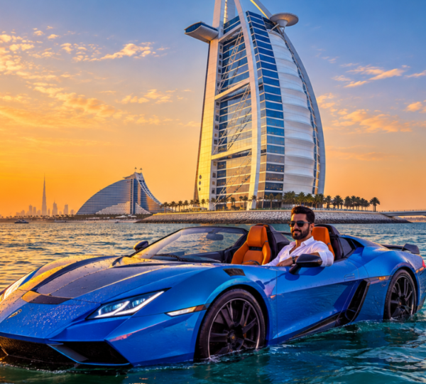 Jet Car Near Burj Al Arab – Iconic Dubai Photo Opportunity Jet car on water with Burj Al Arab sail-shaped hotel in the background at golden hour