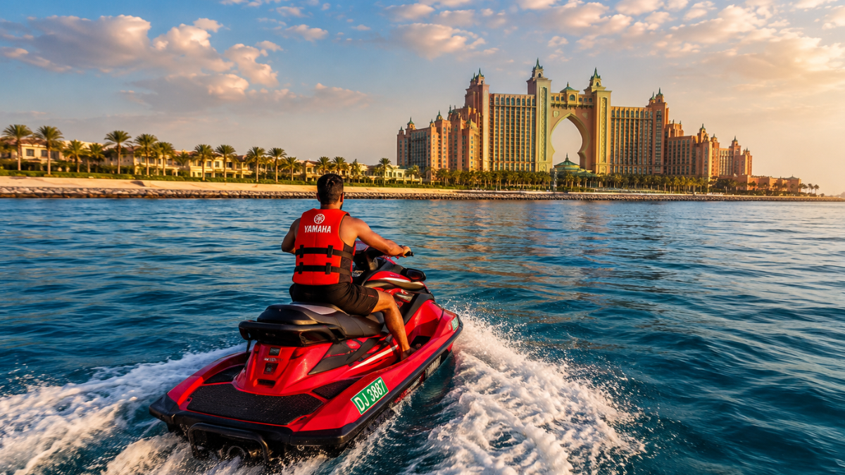 Palm Jumeirah & Atlantis Jet Ski Tour | Zutours Dubai Jet ski rider approaching Palm Jumeirah with Atlantis The Palm resort visible at the tip of the man-made island in Dubai