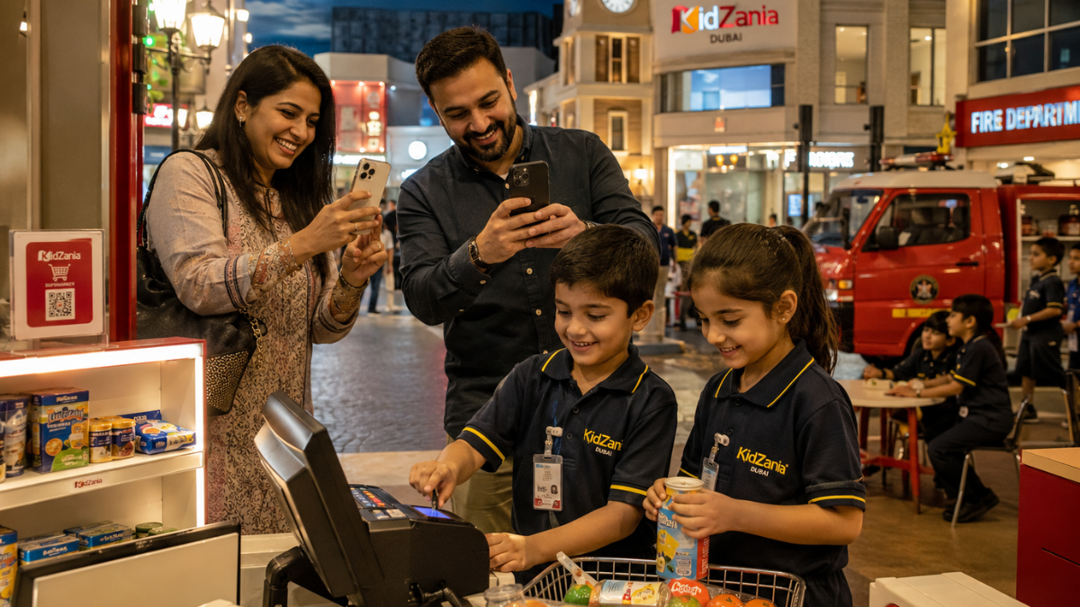 Family Fun at KidZania Dubai โ Dubai Mall | Zutours Happy family enjoying KidZania Dubai interactive role-playing experience with parents watching children engaged in activities at Dubai Mall