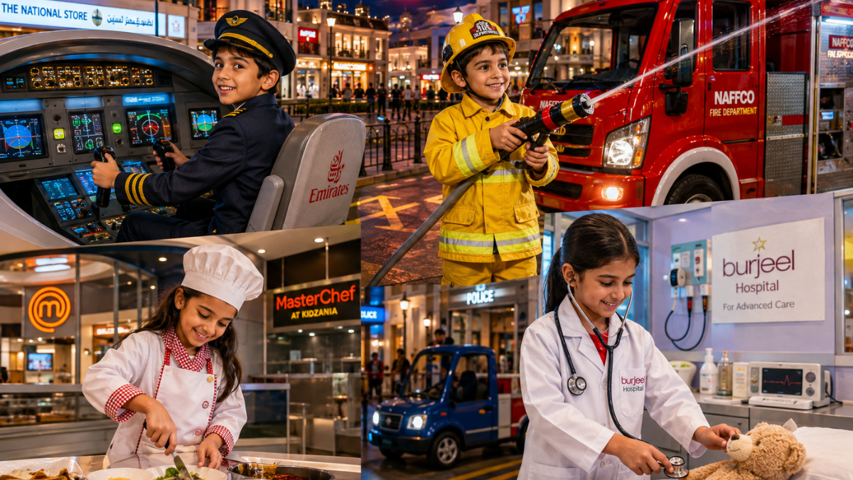 KidZania Dubai โ Kids Explore 60+ Professions | Zutours Children dressed as pilot, firefighter, chef, and doctor participating in role-play activities at KidZania Dubai in Dubai Mall