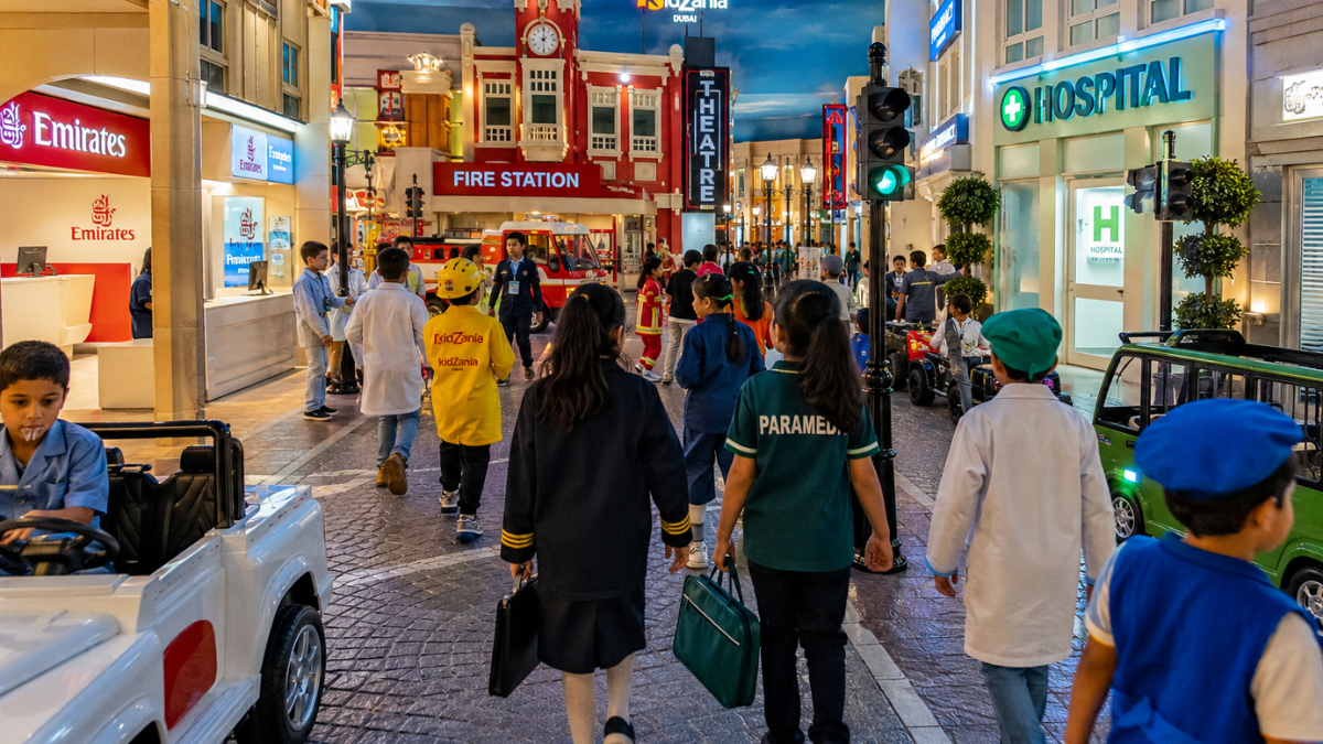 KidZania Dubai โ A Mini City Built for Kids | Zutours Miniature city streets at KidZania Dubai inside Dubai Mall with kids walking between branded storefronts and activity stations