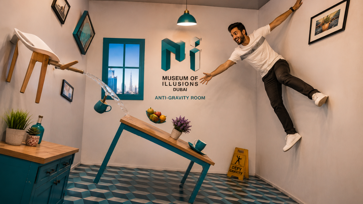 Anti-Gravity Room at Museum of Illusions Dubai â Bend the Rules of Physics | Zutours Anti-Gravity Room at Museum of Illusions Dubai with water appearing to flow uphill and objects defying the laws of physics