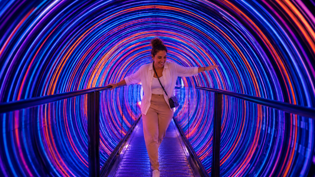 Vortex Tunnel at Museum of Illusions Dubai â First of Its Kind in UAE | Zutours Visitor walking through the Vortex Tunnel at Museum of Illusions Dubai with colorful rotating LED lights creating a disorienting visual effect