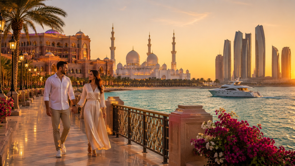 Romantic things to do in Abu Dhabi featuring a couple at the Corniche during sunset
